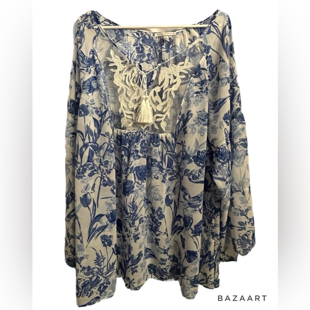 Sheer blue and white floral plus size long sleeve top with tassels size 3x
